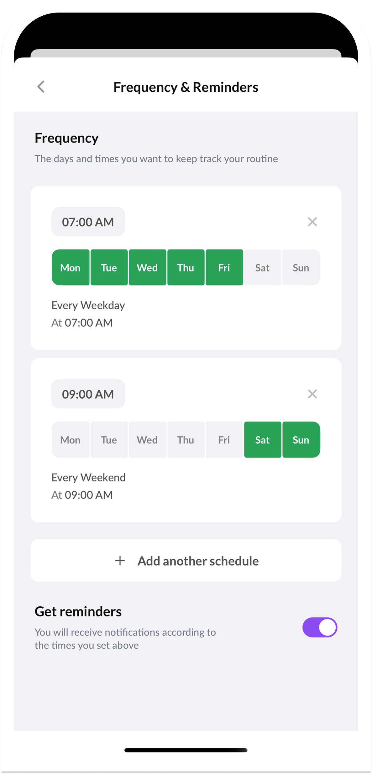 Mindrobe Frequency & Reminders screen